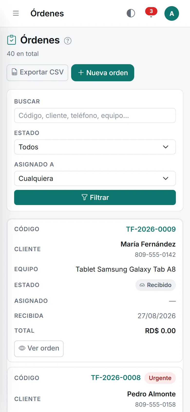 Listado de órdenes en el celular, con cada orden en su tarjeta